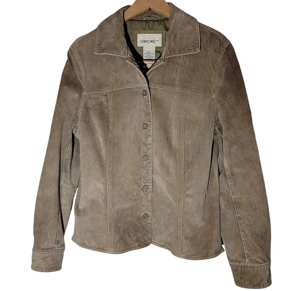 Cherokee Suede Jacket Womens Medium Tan Genuine Leather Button Front‎ Lined